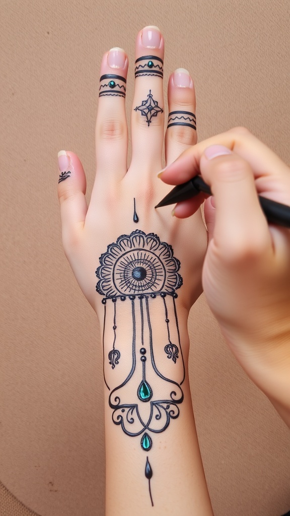 A hand with intricate mehndi design being applied, showcasing unique patterns.