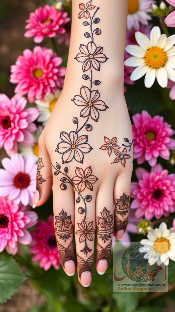 A hand with intricate floral mehndi design, surrounded by colorful flowers.