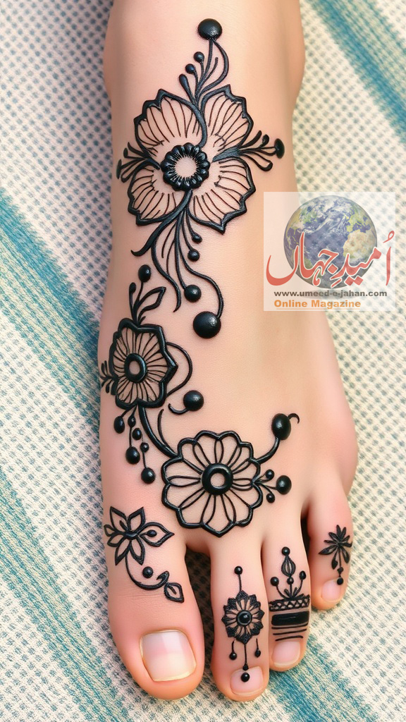 A close-up of intricate black mehndi designs on a foot, showcasing flowers and decorative elements.