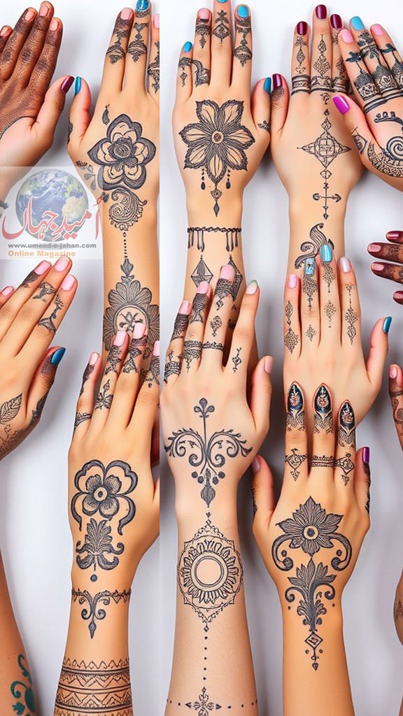 A collection of beautifully designed mehndi patterns on various hands.